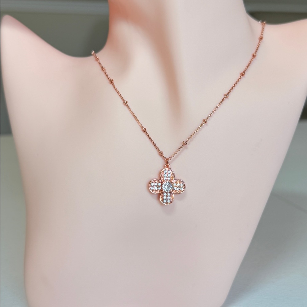 Rose Gold Clover Pendant Necklace with Cubic Zirconia